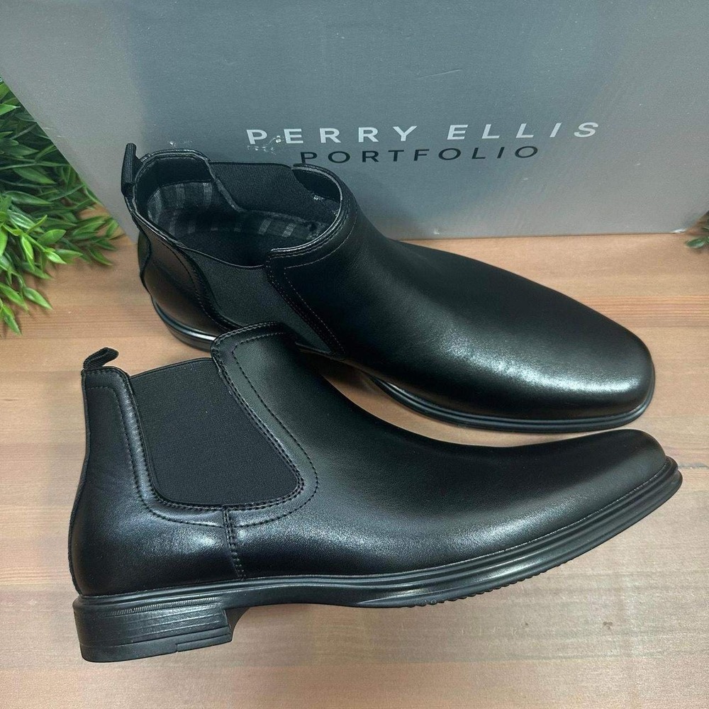 Perry Ellis Portfolio Men's Chelsea Black Leather Boots Size 12